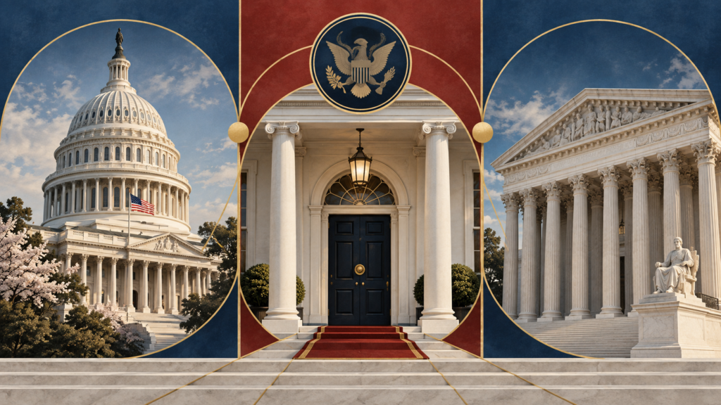 Trzy gałęzie władzy USA: ustawodawcza, wykonawcza i sądownicza — ilustracja