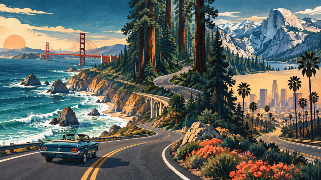 Kalifornia road trip: Los Angeles, San Francisco i parki — ilustracja