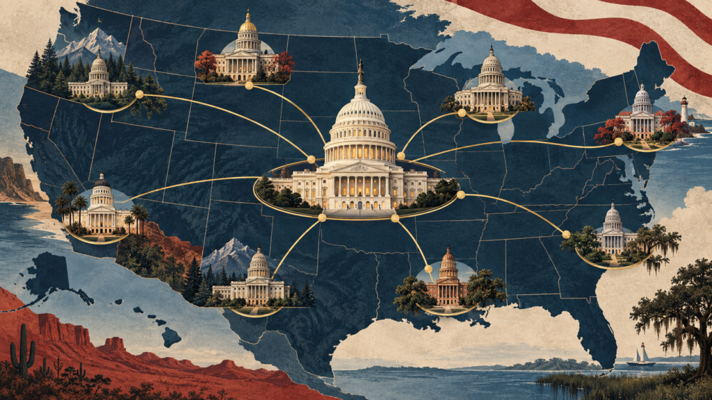 Federalizm w USA: podział władzy między federację i stany — ilustracja