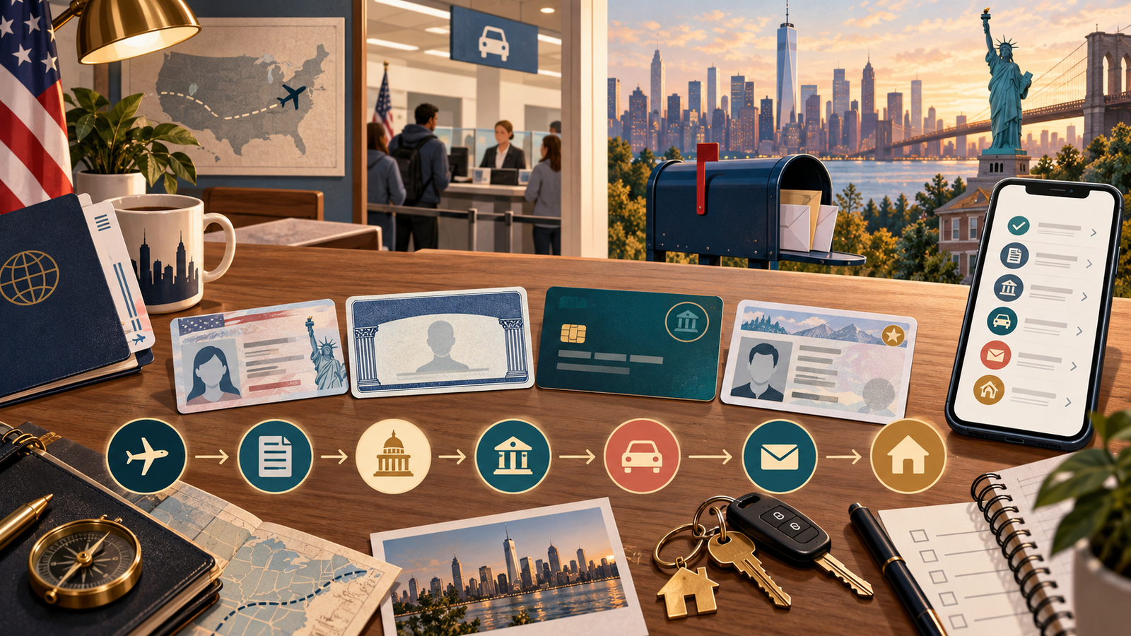 Dokumenty i pierwsze kroki w USA: SSN, bank, credit score i DMV — ilustracja