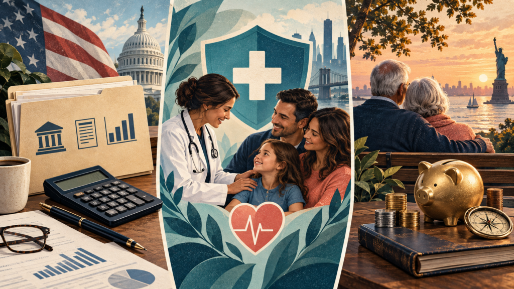 Podatki, zdrowie i emerytura w USA: przewodnik po systemie — ilustracja