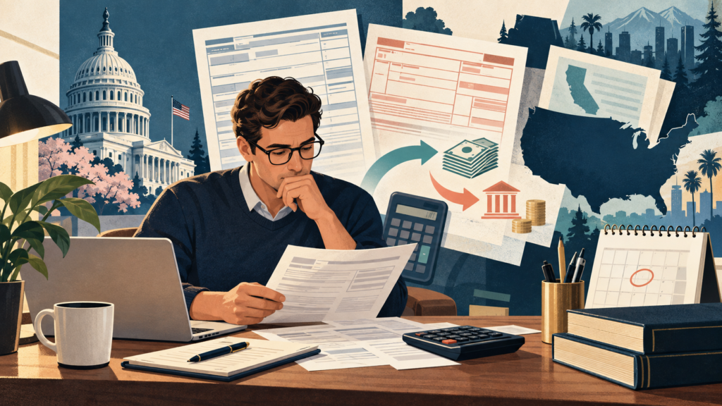 Podatki w USA: federal tax, state tax i roczne rozliczenie — ilustracja
