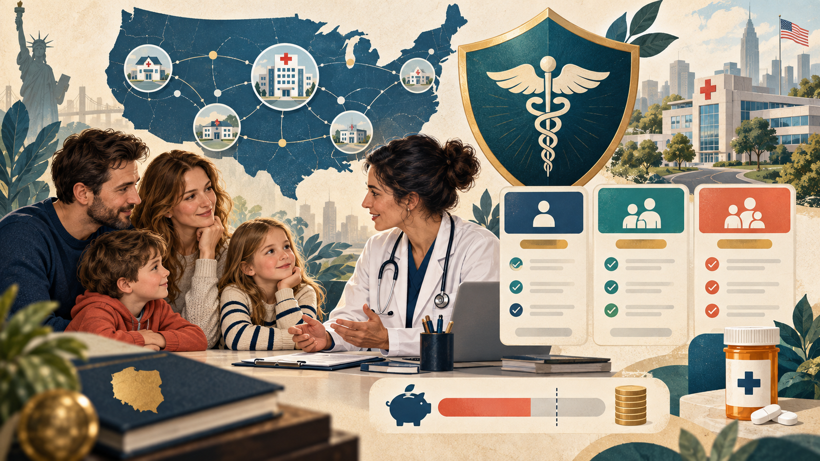 Ubezpieczenie zdrowotne w USA: premium, deductible i sieć — ilustracja