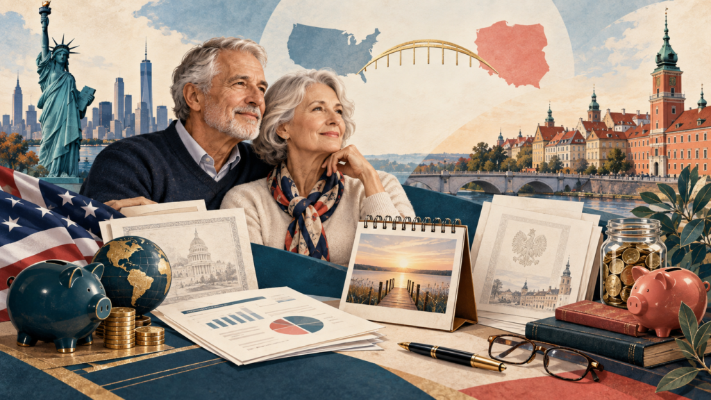 Emerytura USA–Polska: Social Security, 401(k), IRA i ZUS — ilustracja