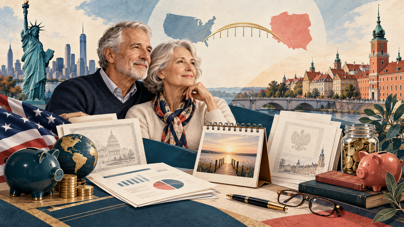 Emerytura USA–Polska: Social Security, 401(k), IRA i ZUS — ilustracja