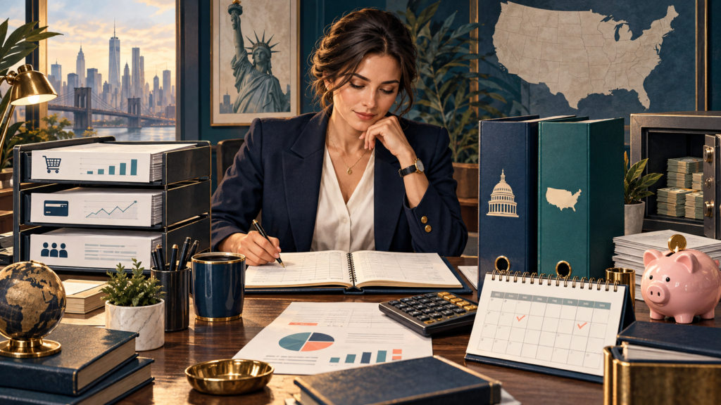 Podatki firmy w USA: federalne, stanowe, sales tax i payroll — ilustracja