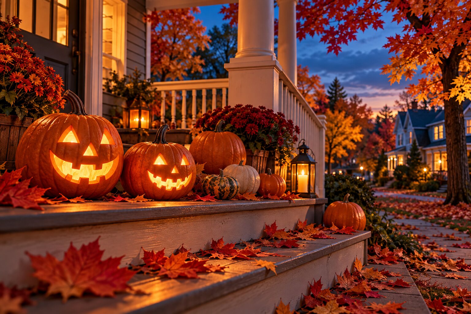 Dynie ze świecącymi twarzami na jesiennym ganku - ilustracja Halloween.