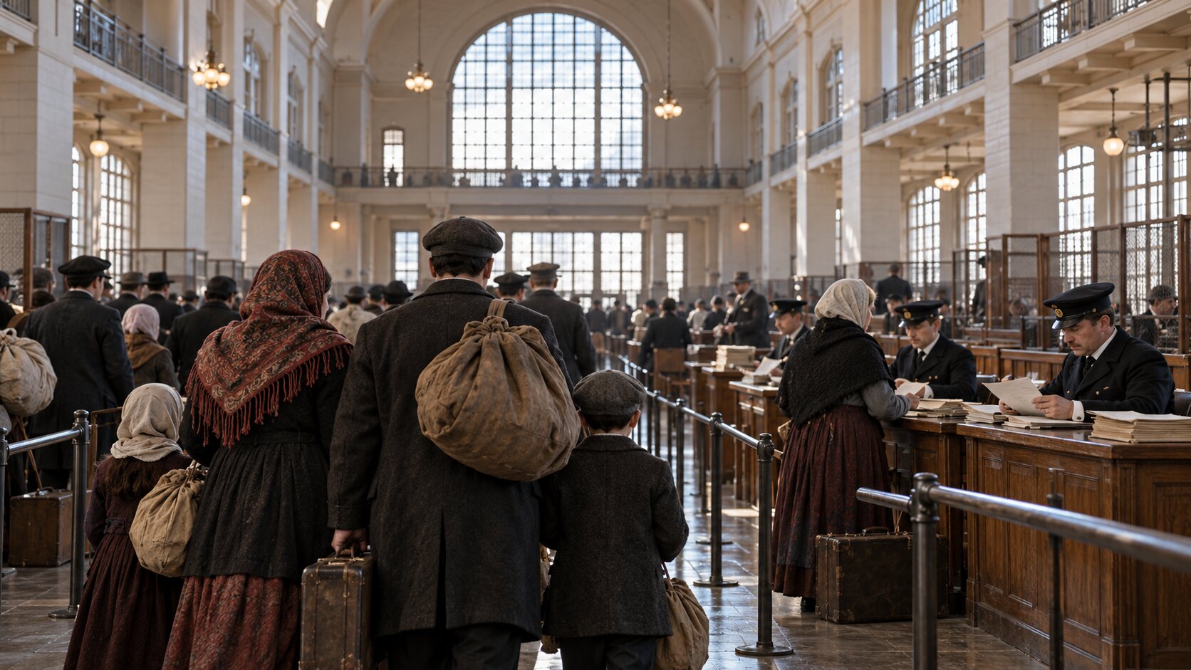Rodzina imigrantów w sali rejestracyjnej Ellis Island około 1910 roku - ilustracja historyczna.