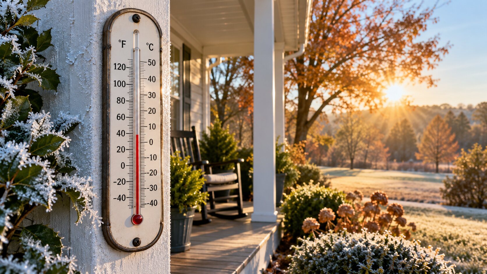 Termometr ze skalą Fahrenheita i Celsjusza przy amerykańskim domu.