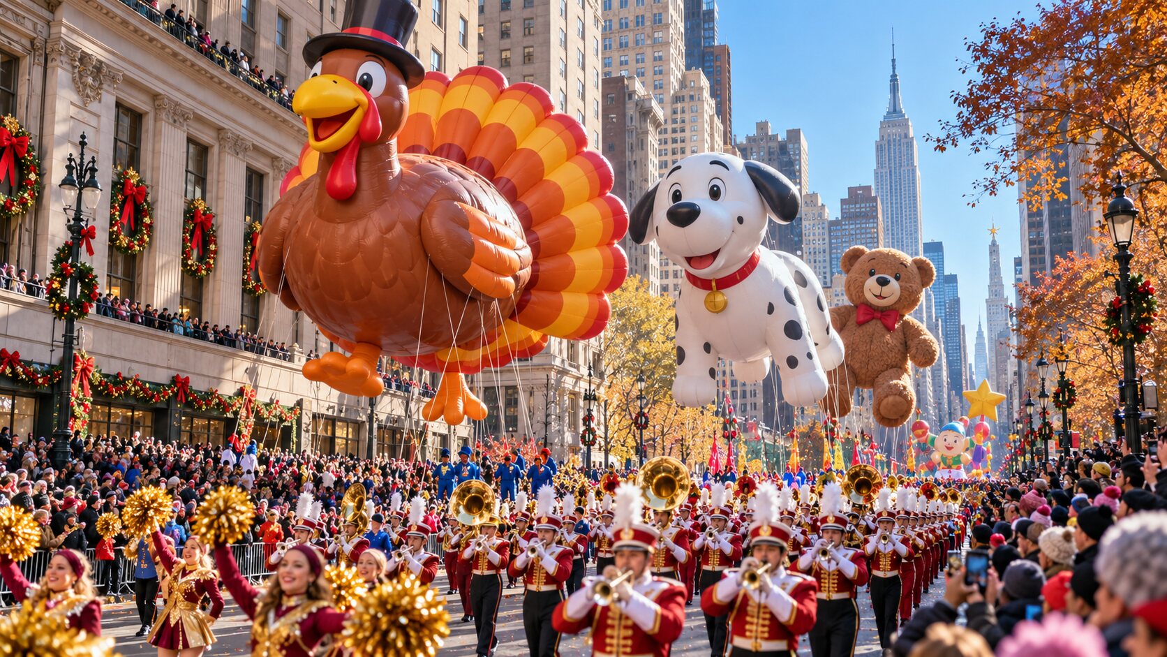 Wielka parada Thanksgiving z balonami i orkiestrą na ulicy Manhattanu.