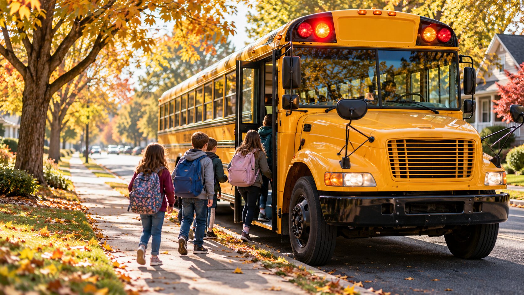 Żółty amerykański autobus szkolny na jesiennej ulicy przedmieścia.